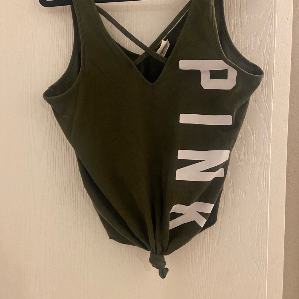 PINK Victoria's Secret Olive Green Tank Top with White Logo